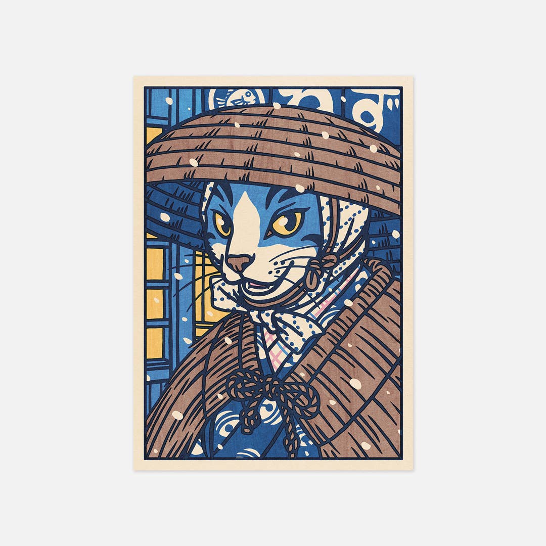 Postkarte - Cat leaving a restaurant in the snow