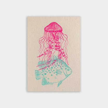 Postkarte - Qualle und Fisch